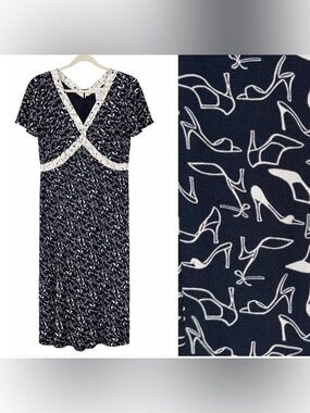 Vtg Liz Claiborne 90s Babydoll Day Dress Midi Shoes Size 14 Novelty Classy Rare